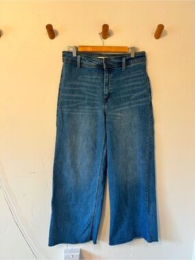 OAT New York High Rise Wide Leg Jeans Sz 10/30 Mid Wash Pockets Raw Hem